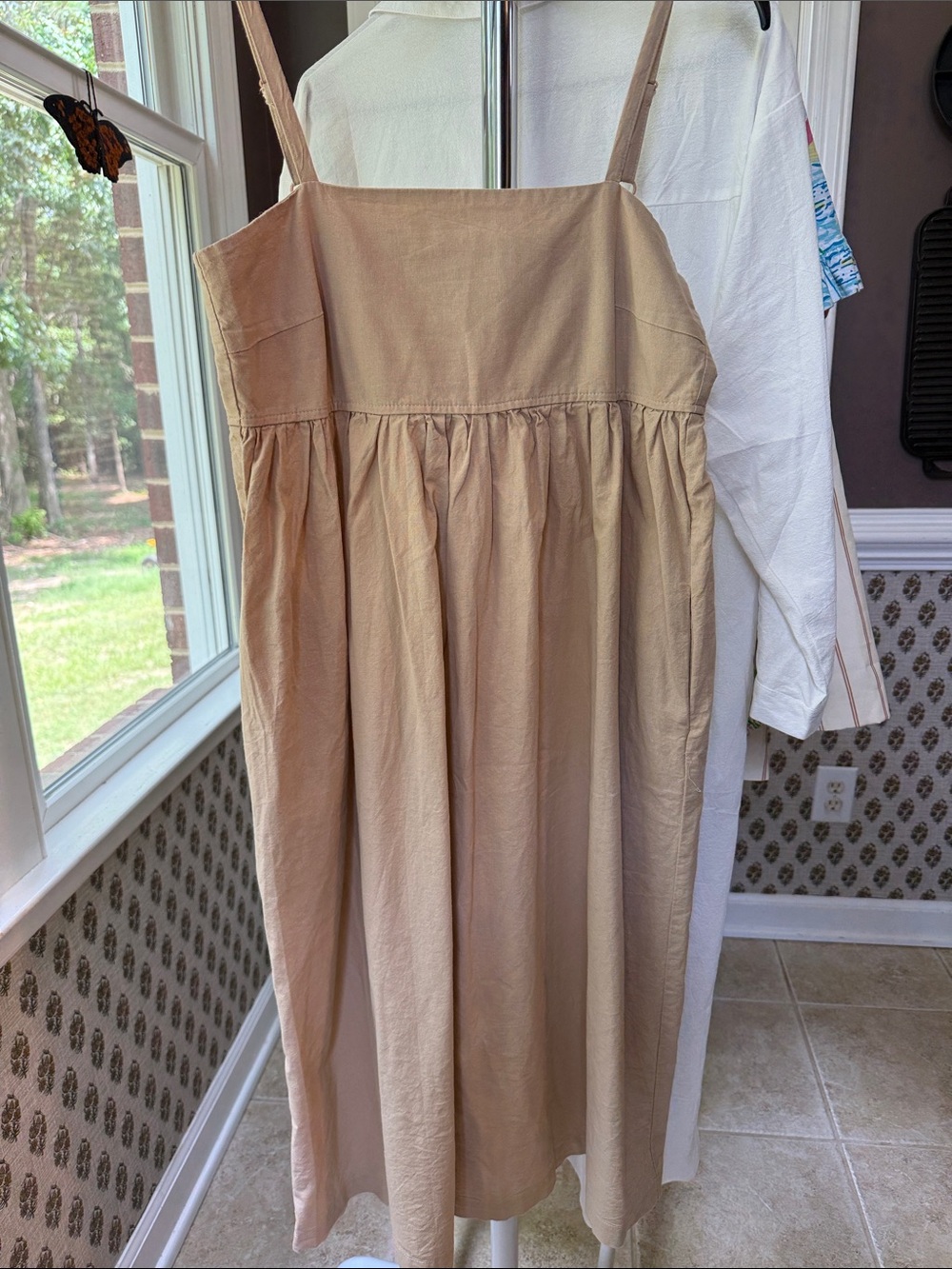 Beige Cotton Sundress with Spaghetti Straps w/ Pockets